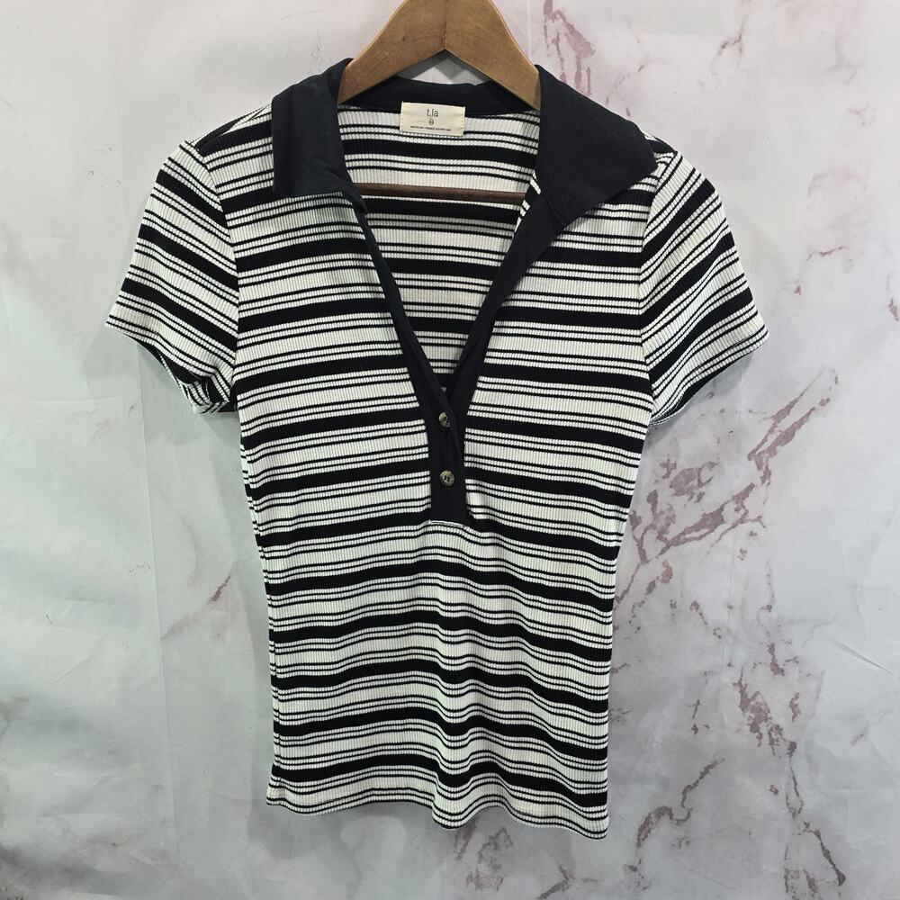 Anthropologie Shirt Womens XS Black White Striped Ribbed Short Sleeve Polo Tla